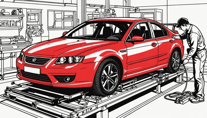 Illustration of a red car in a workshop setting, exploring MIG welding techniques for cast iron.