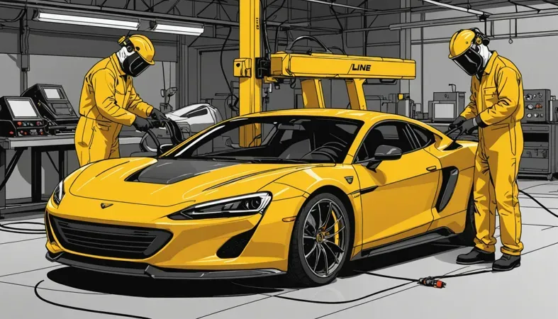 Illustration of MIG welding process with a focus on the gases used, featuring a yellow sports car being welded.