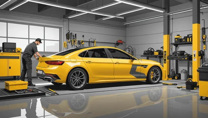 A yellow car in a modern garage with welding tools, highlighting the importance of welding gas in automotive repair.