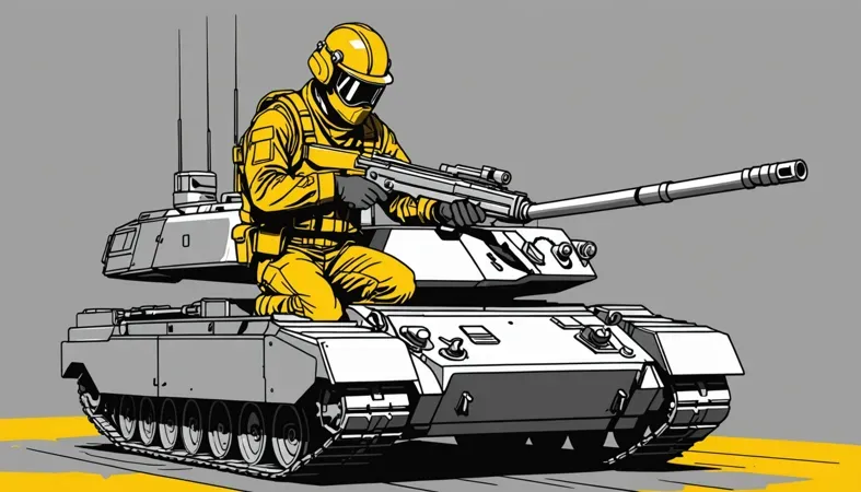 Illustration of a soldier in a yellow suit operating a tank, representing welding skills needed in military operations.