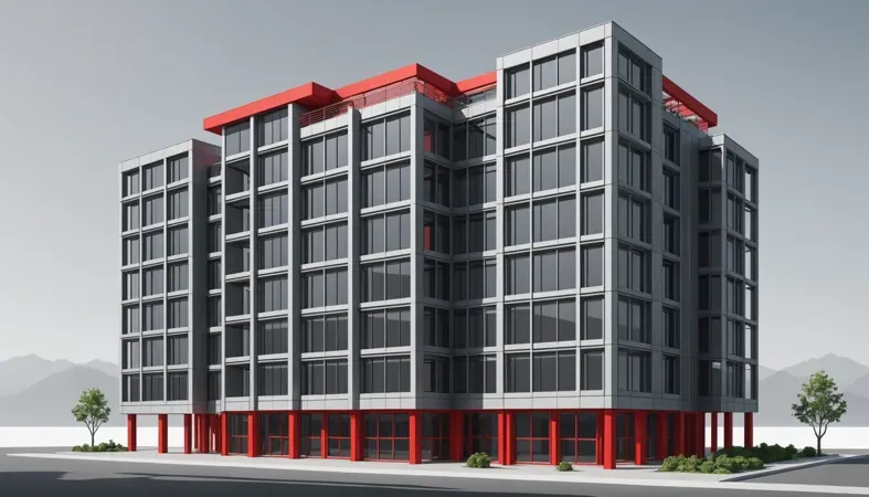 Modern Building Design A modern building with glass and red steel structure, highlighting the importance of rebar in construction.