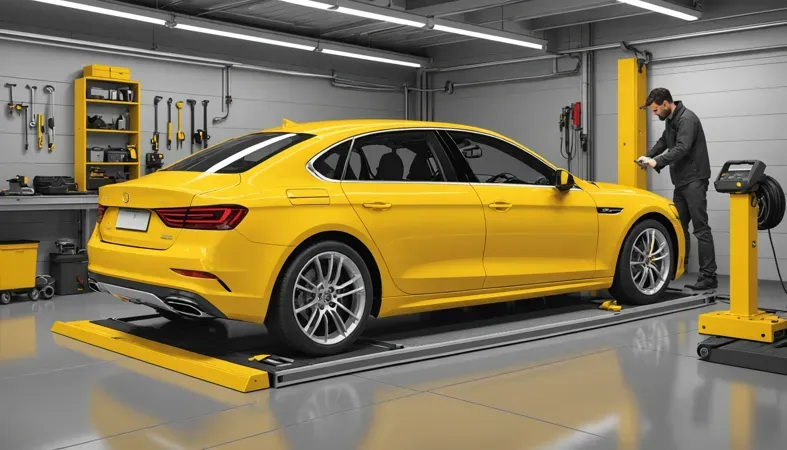 A bright yellow car on a lift in a garage, depicting the process of plastic welding a bumper.