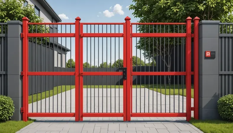 Welded Fence Gate A beautifully welded red fence gate in a residential setting with a paved pathway.