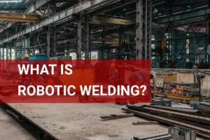 Robotic welding in action, showcasing automated machines performing precise welding tasks in a metal workshop environment.