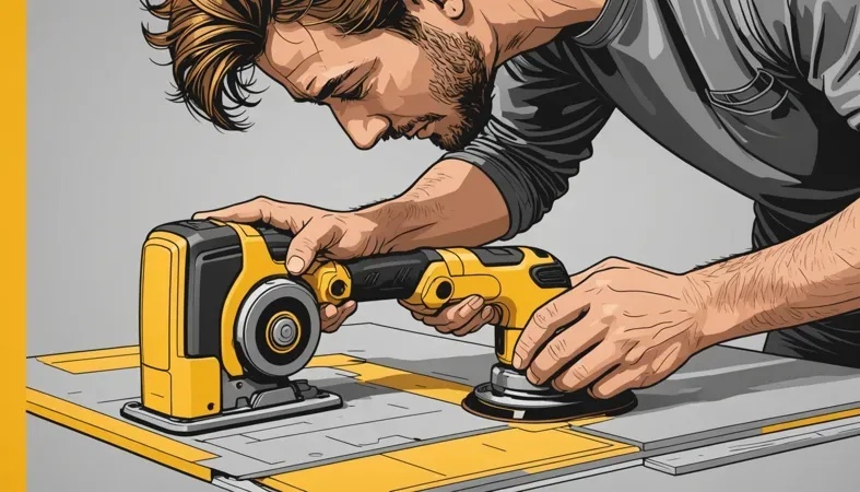 An illustration of a man using a power sander on a surface, representing the process of sanding JB Weld for smooth finishes.