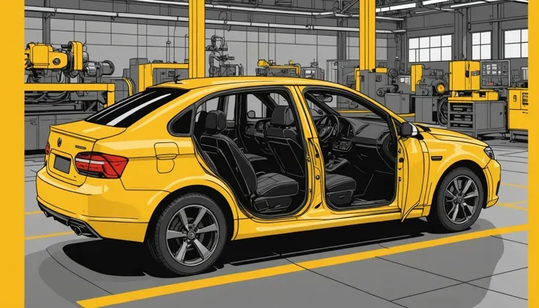 Yellow car in a workshop illustrating submerged arc welding techniques and equipment.