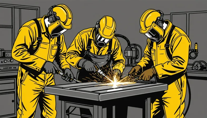 Three welders performing submerged arc welding with sparks flying in a workshop setting, illustrating the SAW process.