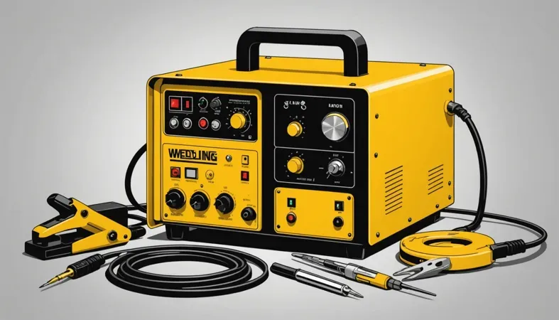 A comprehensive view of a basic semiautomatic welding system including a welding machine, ground clamp, and accessories.