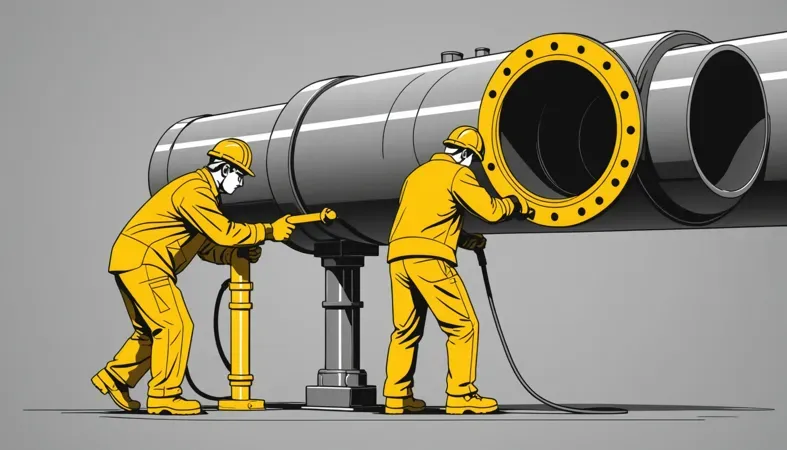 Two workers performing shielded metal arc welding on industrial pipes, highlighting techniques and equipment used in the process.