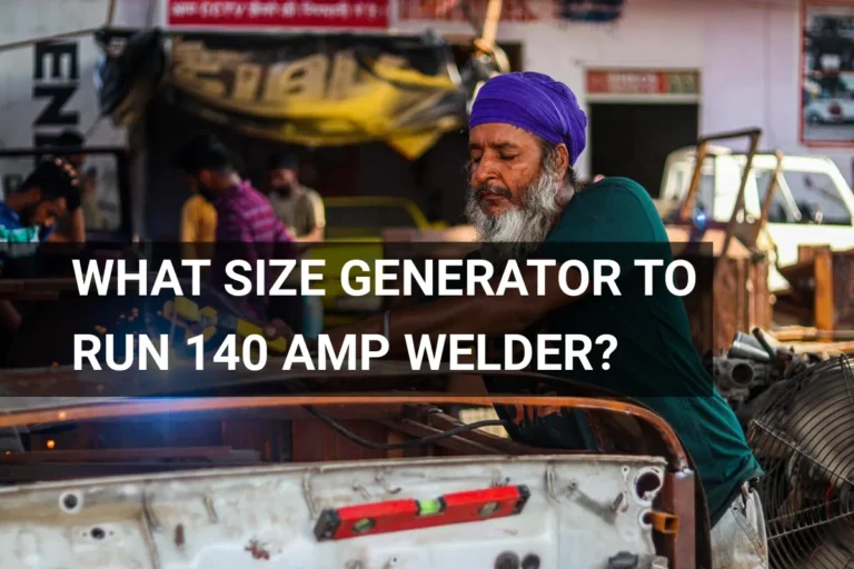 Man using a 140 amp welder on a car's metal frame, showcasing the importance of selecting the right generator size for efficient welding in a busy workshop.