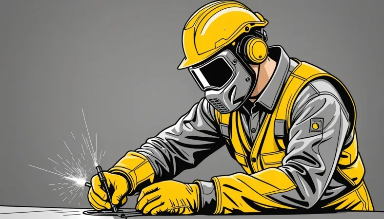 Illustration of a welder using shielded metal arc welding technique, depicting safety gear and welding action.