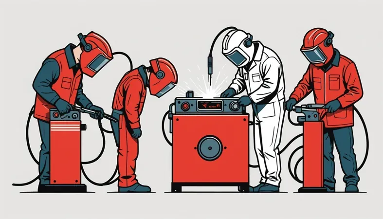 Illustration of workers using spot welders safely, demonstrating the process of spot welding in a workshop.