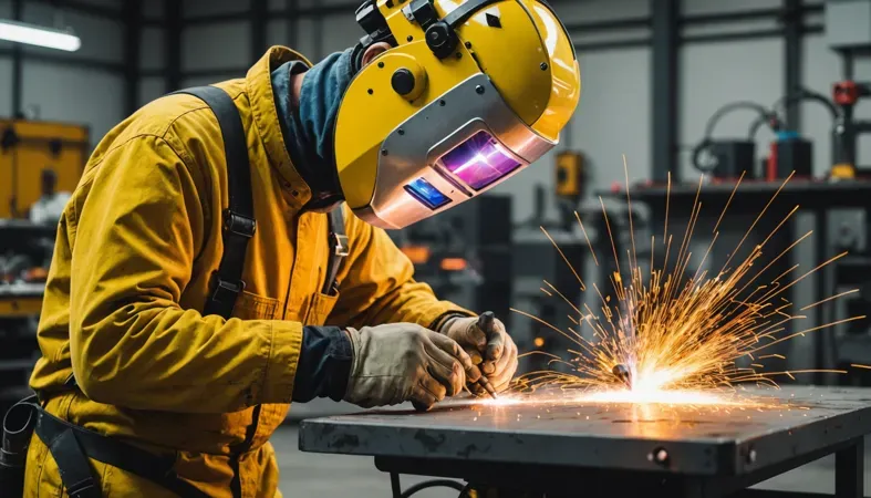 A welder using tri-mix welding gas in industrial settings, demonstrating the welding process with sparks flying.