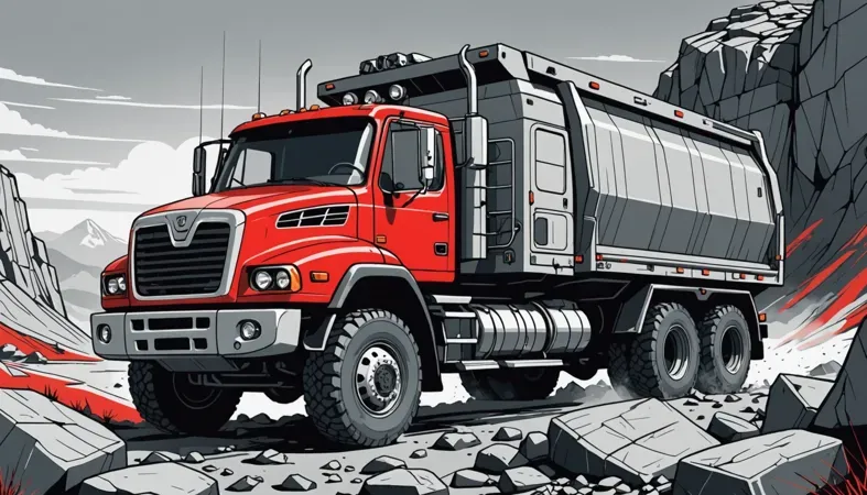 A red truck with a dump bed parked on rocky terrain, exemplifying the type of vehicle for welding repairs.