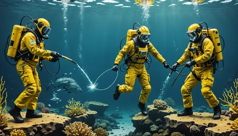 Underwater Welding Skills Divers conducting underwater welding in a deep-sea environment with marine life, highlighting the risks involved.