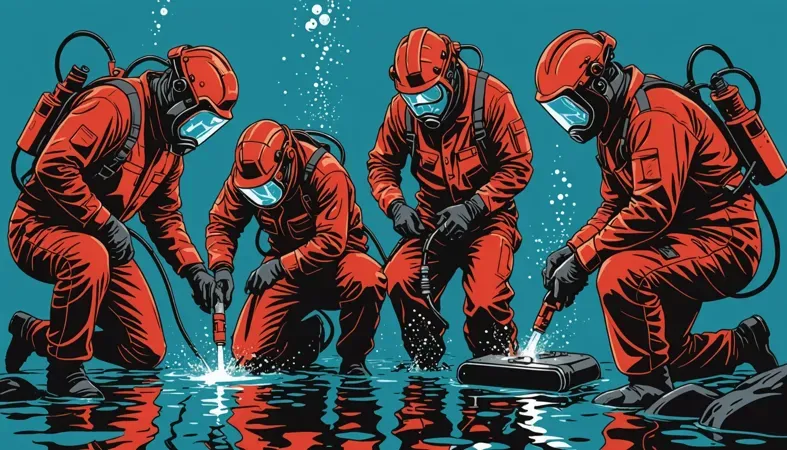 A team of underwater welders in red suits performing welding underwater, illustrating the tools and skills required in underwater welding careers.