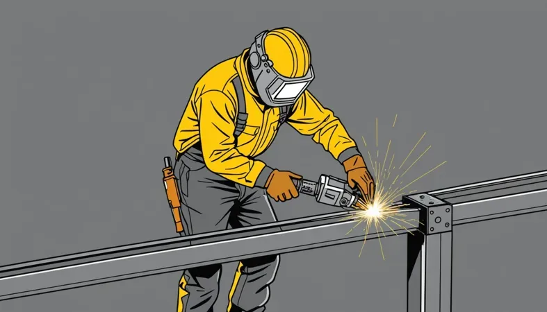 A welder using a grinder on steel beams, demonstrating uphill welding methods, essential for creating strong joints.