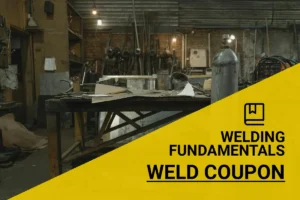 A blacksmith workshop filled with tools and metalworking equipment, illustrating the process of creating a weld coupon in a rustic, industrial setting.