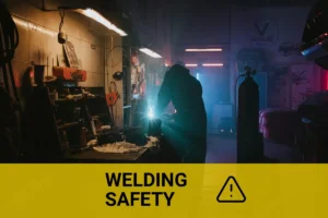 Close-up of a mechanic welding in a dimly lit garage, showcasing the weld spatter caused by high heat and metal interactions, with vibrant neon lights illuminating the automotive workspace.