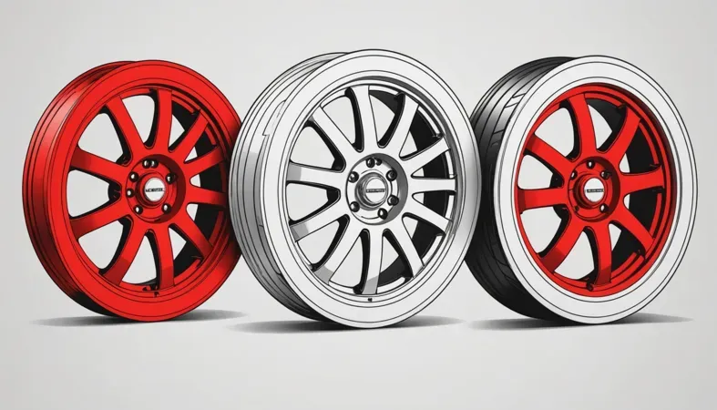 A collection of three Weld wheels in red, white, and silver showcasing their unique designs.