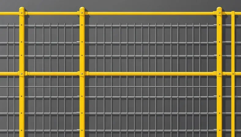 Welded Wire Fence A close-up view of a welded wire fence featuring a yellow frame and gray wire mesh, illustrating the structure for fence building.