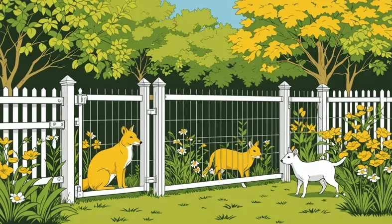 A scenic backyard with a welded wire fence attached to wooden posts, featuring dogs and lush vegetation, demonstrating how to securely install a wire fence.