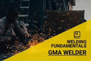 A blue-collar worker skillfully adjusts the amperage on a GMA welder while cutting metal at a construction site, creating vibrant sparks against a dusk backdrop.