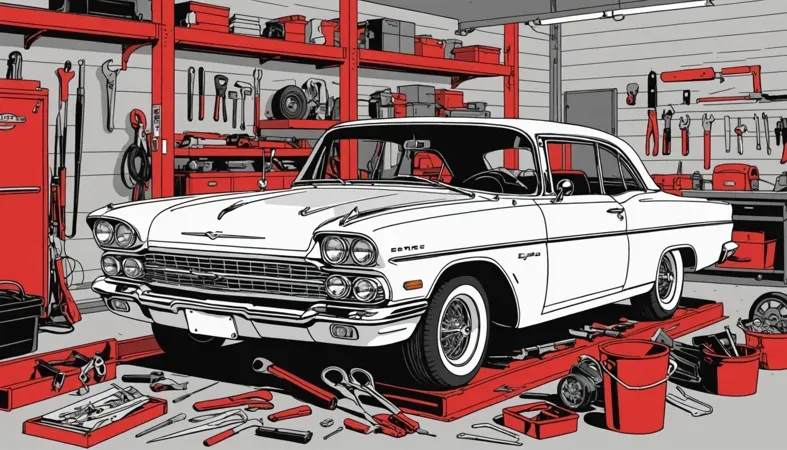 A classic car in a garage with various tools, illustrating the importance of proper grounding in welding projects.