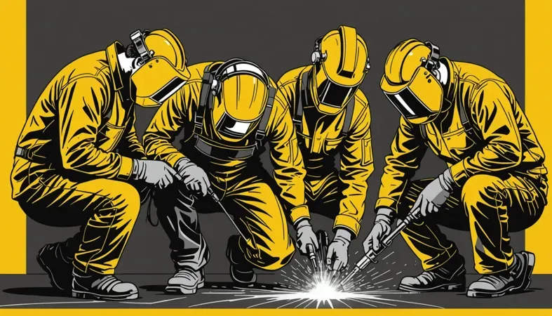 Welder Team In Action A group of four welders in yellow uniforms working together on a welding project, demonstrating teamwork and safety in welding practices.