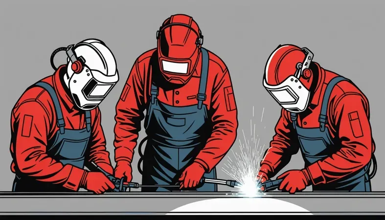 Illustration of three welders working together, demonstrating skills learned in welding training programs.