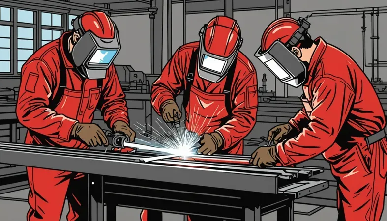 Three welders working together in a shop, using equipment powered by a 220 outlet.