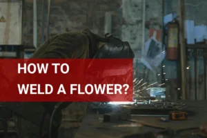 A skilled welder expertly crafting a metal flower sculpture, sparks flying in a vibrant industrial workshop.