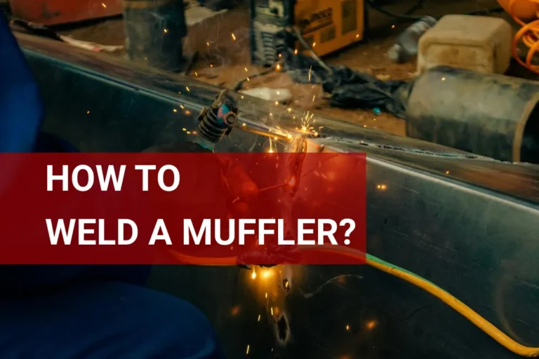 Skilled welder joining a muffler in a workshop, showcasing precision metalwork and flying sparks.