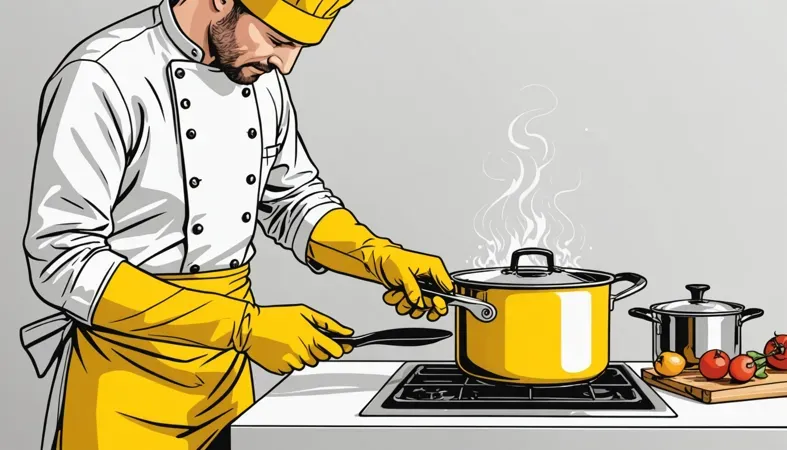 Using Welding Blankets on Smokers A chef cooking with a pot on a stove, illustrating safety measures in cooking and smoking.