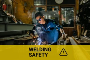 A man in a workshop practicing welding while considering health risks associated with exposure to fumes and potential cancer links.