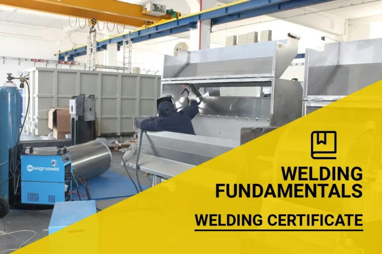 A welder with a certificate skillfully welding metal components in an industrial setting, highlighting the importance of welding certification in manufacturing.
