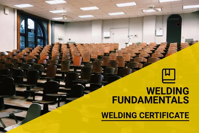 Welding certification training session in a spacious university hall with wooden chairs, emphasizing the importance of time investment in getting a welding certificate.