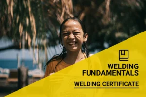 Young woman proudly displaying her welding certificate beside a resort pool, showcasing opportunities in the welding industry on a sunny day.