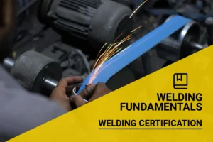 Close-up of hands grinding metal while wearing a welding certification badge in an industrial workshop, highlighting the importance of certification duration in welding careers.