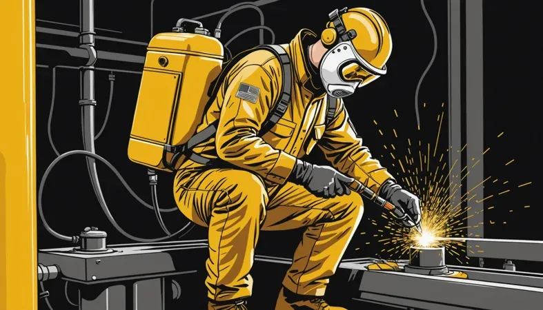 Welding A Gas Tank A welder in protective gear working on a gas tank, demonstrating proper welding techniques for safety.
