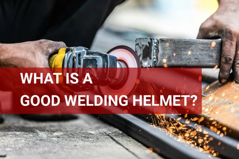 Welder using a high-quality welding helmet while operating an angle grinder on metal, producing sparks in outdoor industrial metalwork.