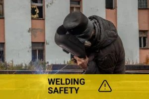 A welder using protective gear outdoors while performing arc welding, showcasing the importance of minimum shade for eye safety against bright sparks.