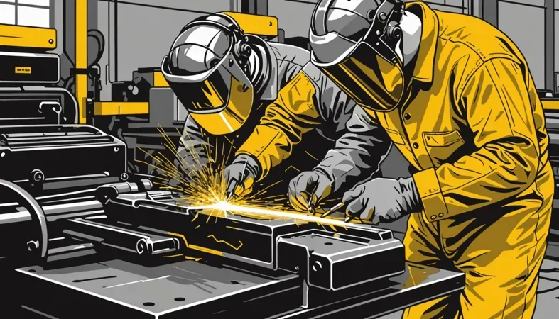 Two workers engaged in welding with protective gear in a workshop, illustrating proper welding techniques.