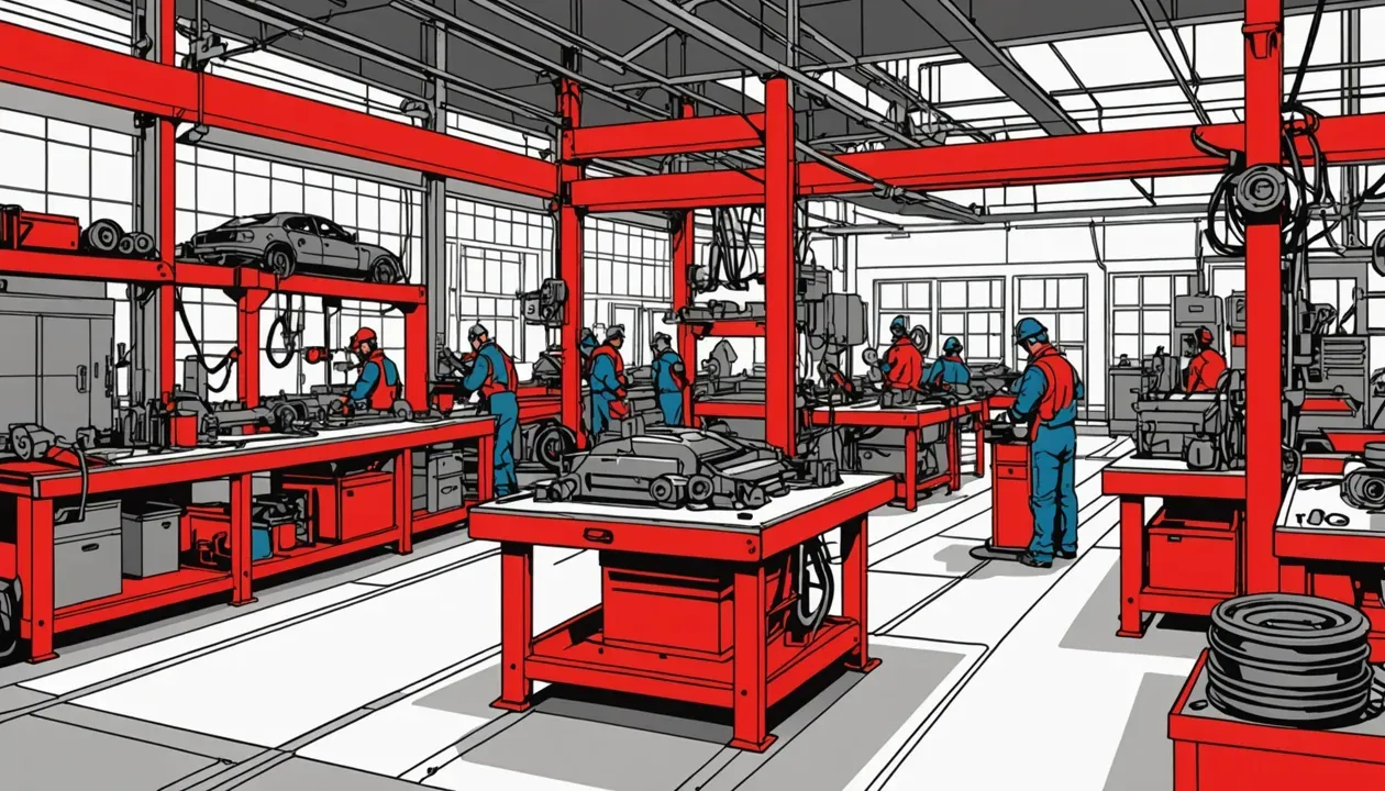 A vibrant welding workshop with workers, showcasing metal fabrication and welding processes, ideal for metal sourcing.