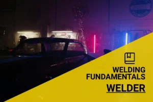 A skilled welder creating intricate metal joints under vibrant neon lights, demonstrating advanced welding techniques in a dynamic workshop setting.