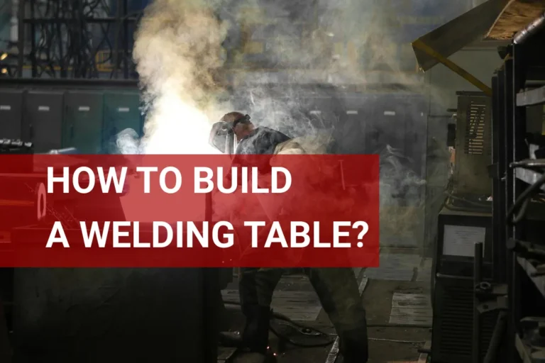 A welder constructing a sturdy welding table in a workshop, demonstrating safety practices amidst flying sparks and smoke.