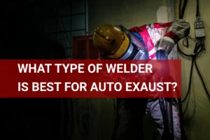 Expert welder using a MIG welder to efficiently repair auto exhaust systems indoors, showcasing essential techniques for automotive exhaust welding.