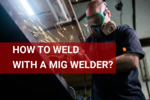 A welder in a safety mask expertly using a MIG welder to join metal pieces in a workshop, with sparks flying from the welding process.