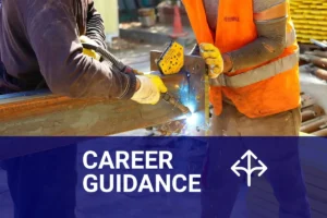 Welders in protective gear performing metal welding at a construction site, highlighting the profession's demand and salary potential.