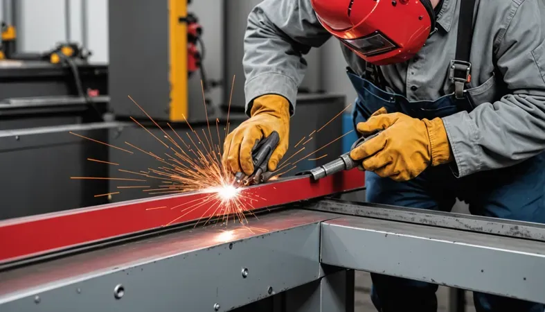 Welding A36 to A500 A welder using a welding torch on A36 and A500 steel beams, showcasing the welding process.